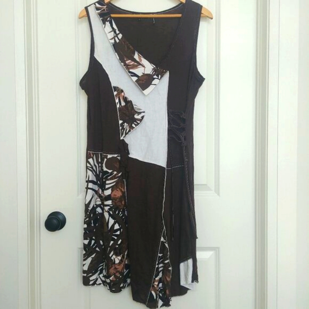 Jane & John brown white patchwork linen dress lagenlook size XL